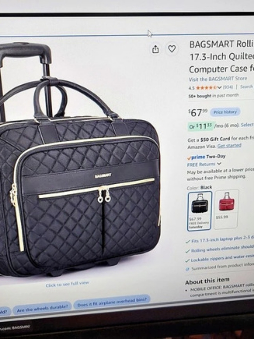 BAGSMART Rolling Laptop Bag Black